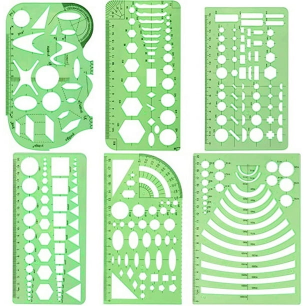 BEMS-Plantillas de medición (6 piezas) Plantilla de plantillas de geometría de plástico Reglas geométricas Kit de herramientas estacionarias para oficina y escuela, encofrados de construcción, dibujos