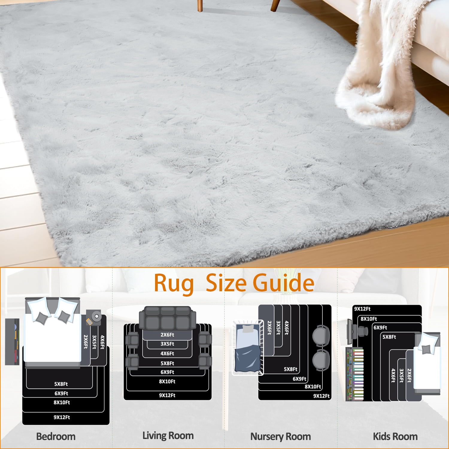 Goolela Rug 8x10 Large Area Rug Fluffy Faux Rabbit Fur Rug for Living Room Bedroom Fuzzy Furry Fur Rug Washable Rug Gray Rectangle