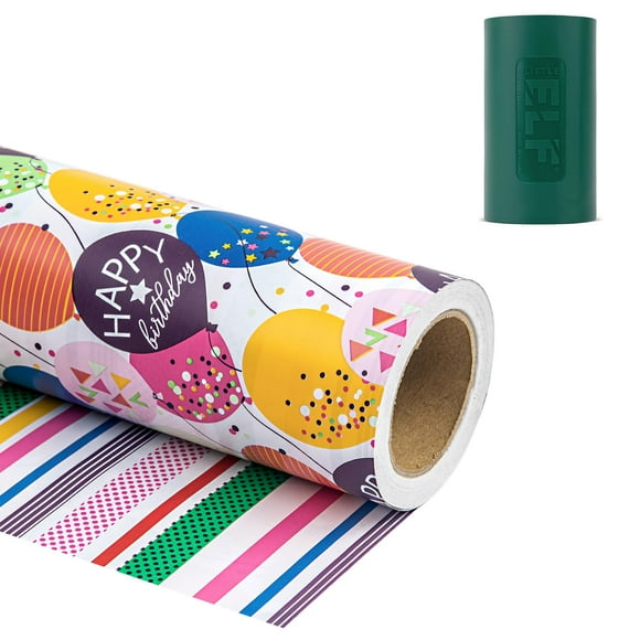 WRAPAHOLIC Reversible Birthday Wrapping Paper (17 Inch x 33 Feet) & Little ELF Gift Wrap Cutter (1-Pack) - Colorful Balloon with Confetti Design for Birthday, Baby Shower, Party