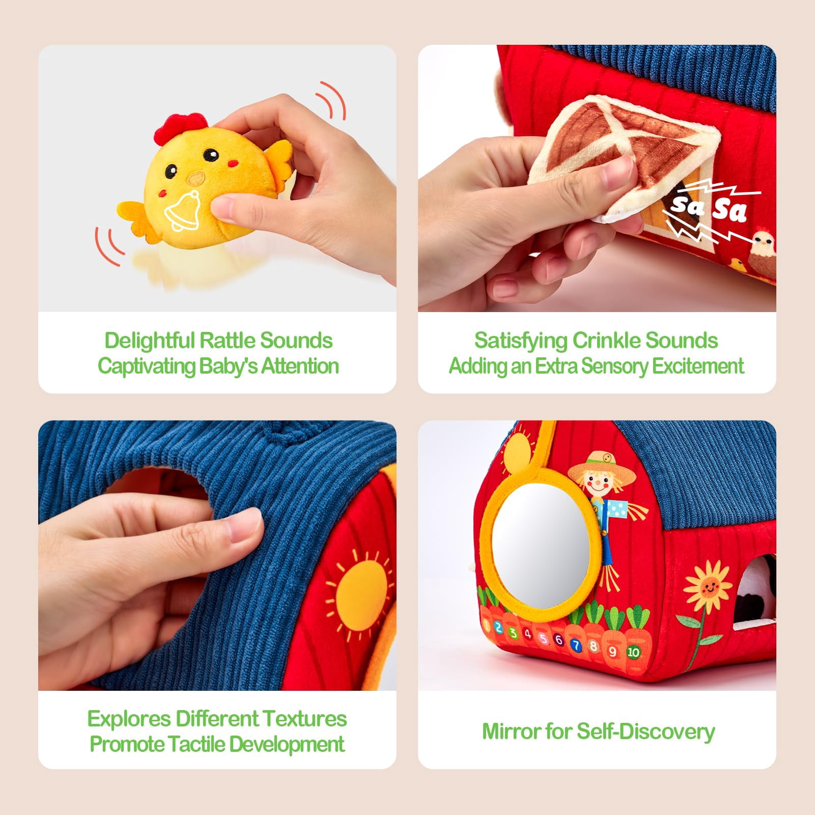 Surprise Barn Stuffed Farm Animals, Rattle, Crinkle, Mirror, Baby Toys 6-12 Months Montessori Toys - for 6 Month Old Sensory Balls 1-3 Plush Baby Valentines Day Gifts Easter Basket Stuffers