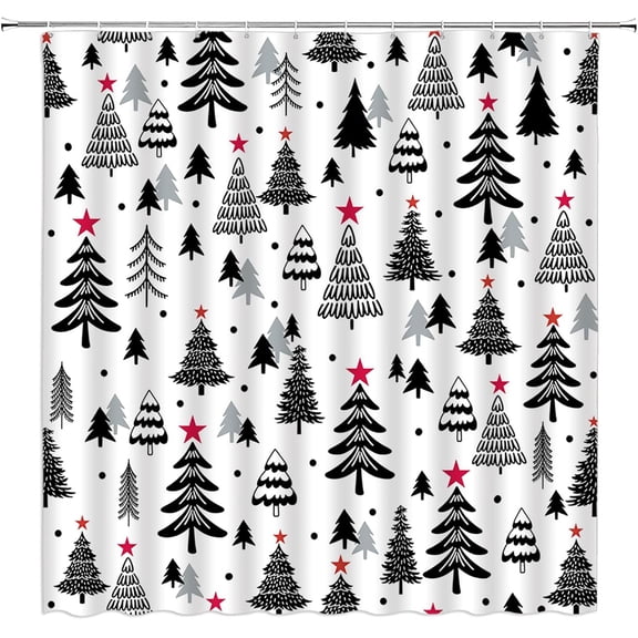 Christmas Shower Curtain Black Xmas Tree Stars Rustic Farmhouse Cartoon Winter Holiday Merry Christmas 36x70(WxH) Inches Bathroom Decor Fabric Curtain with Hooks