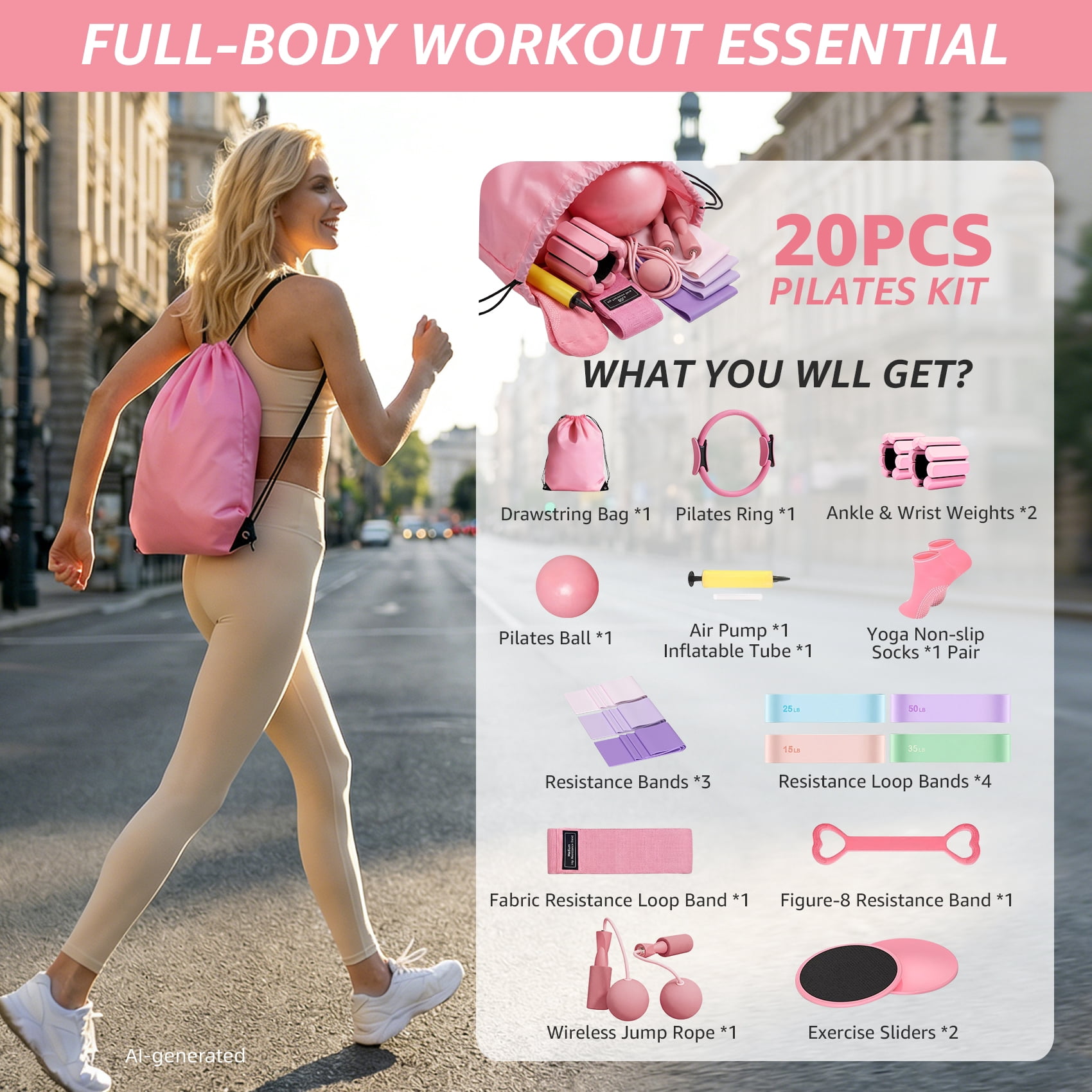 FiitDavz Home Workout Pilates Resistance Bands with Pilates Ring, Ball, Jump Rope, Ankle Weights, Sliders, Grip Socks 20-Piece