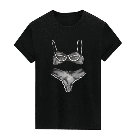 CustomMagic Clearance Summer Bikinis Print Short SleeveMen s Women s Oversize Cotton Short Sleeve  Summer Round Neck Short Sleeve Black  M