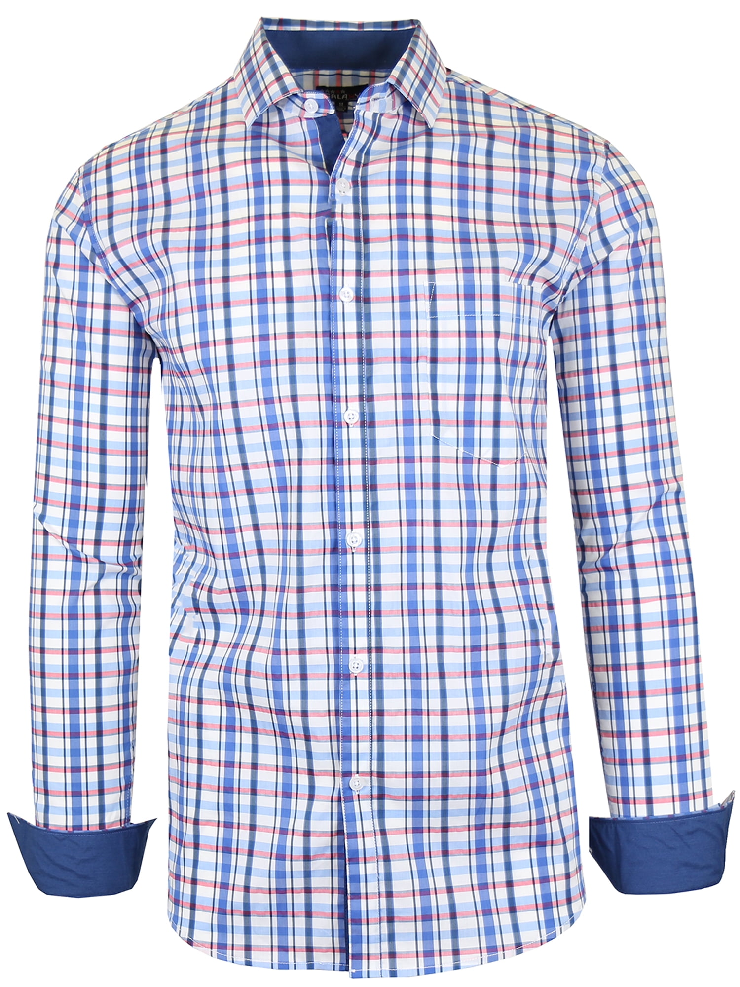 SELX Men Plus Size Long Sleeve Plaids Slim Fit Button Down Dress Shirt