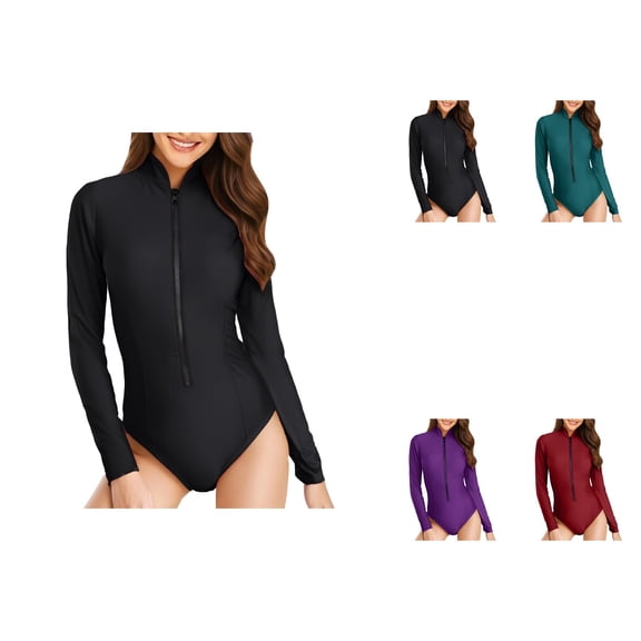 Womens Long Sleeve Rash Guard One Piece Swimsuit with Zipper - UPF 50 Sun Protection for Surfing, Training & Swimming