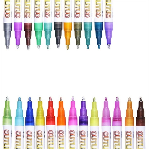 Marcadores Brillantes, Juego de Bolígrafos con Brillo de Contorno Metálico de 24 Colores para Niños y Adultos, Útiles Escolares Dibujar