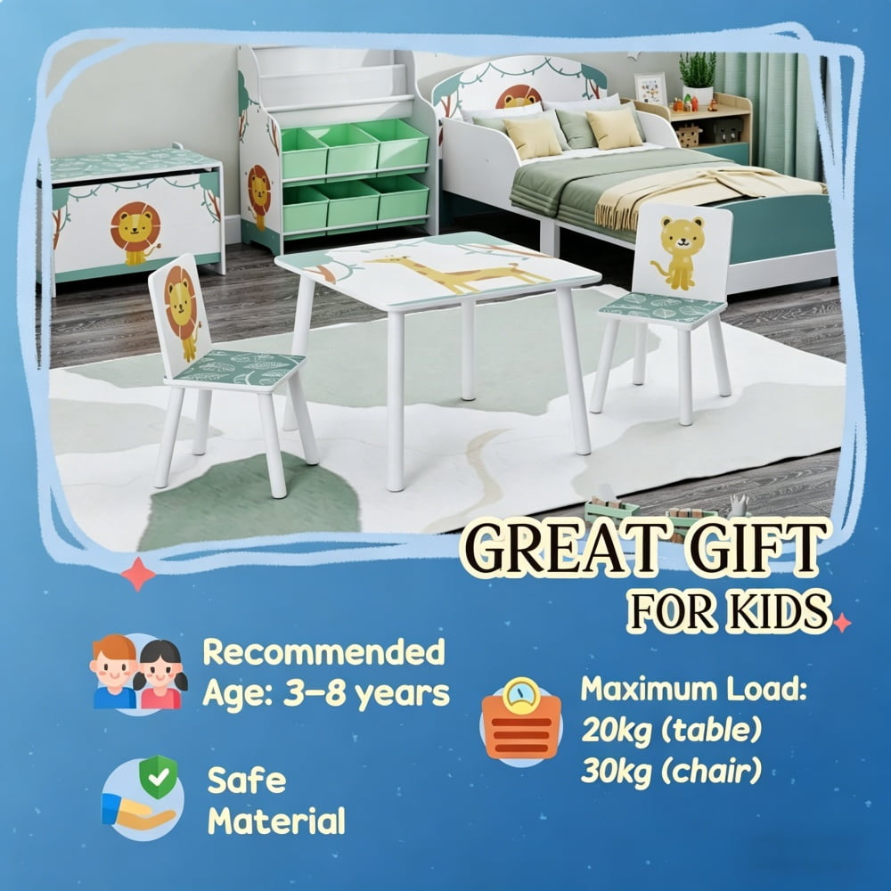 Kids Table and Chair Set, Green, MDF & Pine Material, 3-Piece (1 Table + 2 Chairs) for 3-8 Years Old Kids, Easy Assembly with Instruction Manual
