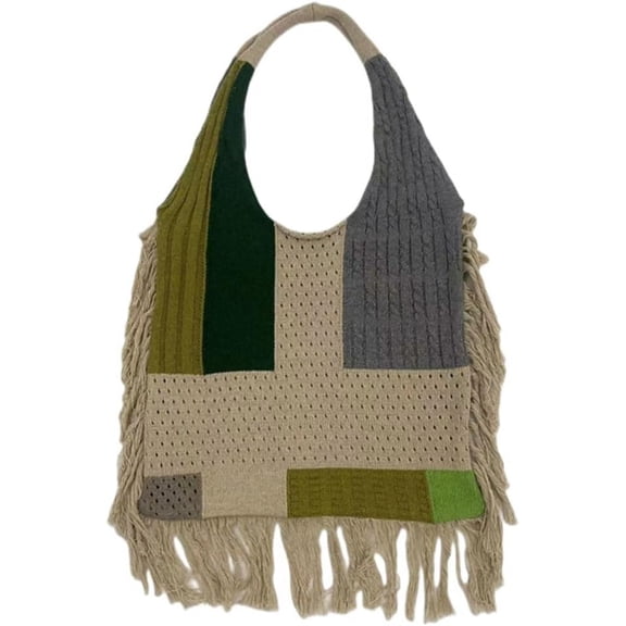 Kukuzhu Women's Handwoven Aesthetic Hobo Bag Hippie Artist Color Block Crochet Shoulder Bag Fringed Knitted Handbag Purse