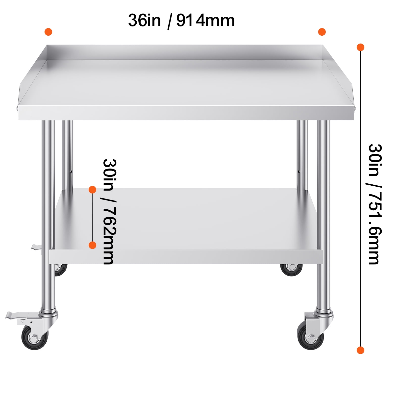 KFFKFF 30 x 36 x 30 Inches Commercial Grade Stainless Steel Work Table, Heavy Duty Metal Equipped with 4 Mobile Wheels, 3-Sided Backsplash for Enhanced Durability, Ideal for Restaurant, Home