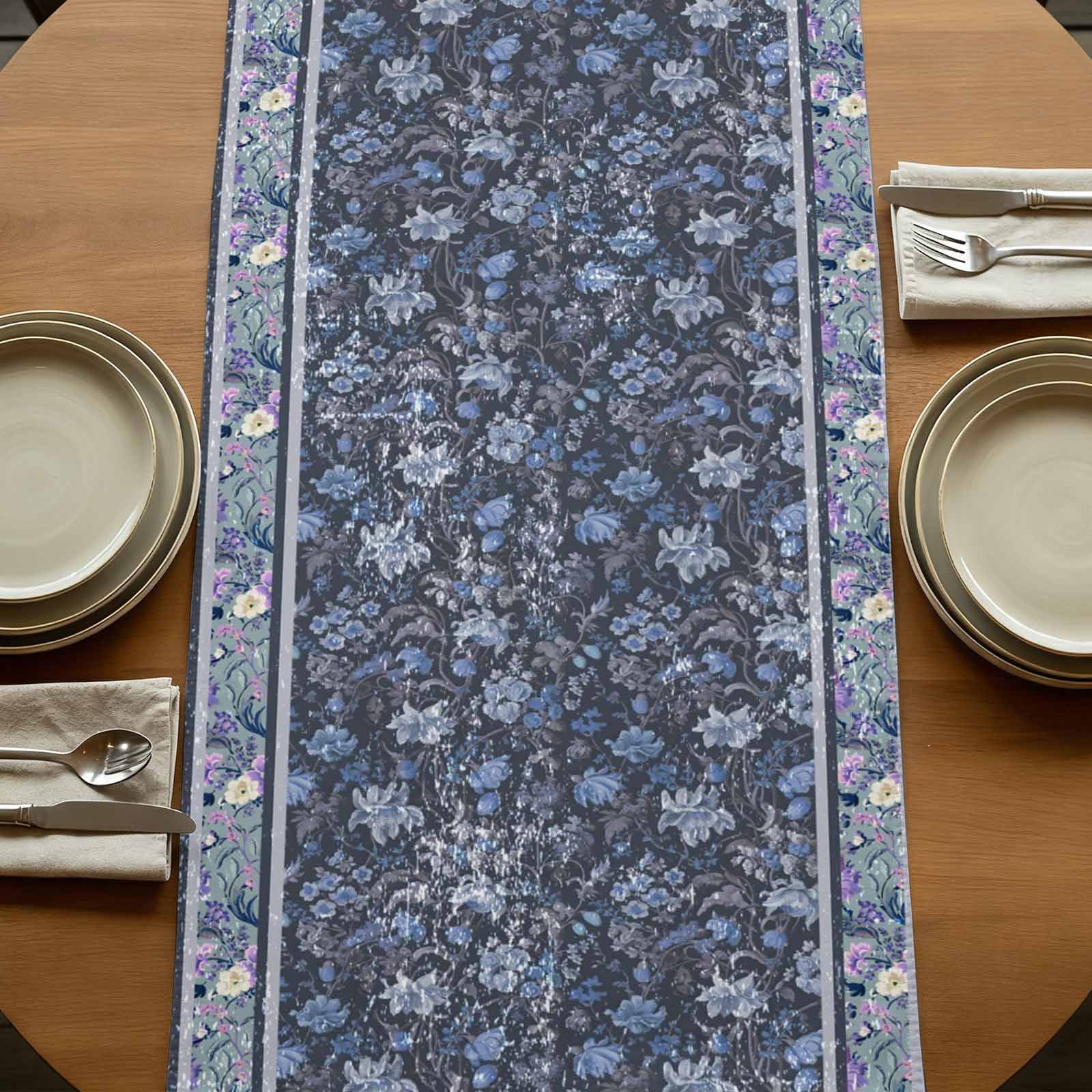 Table Runners 72 Inches Long Dress Scarves, Navy Blue Floral Boho Farmhouse Kitchen/Dining Table Runner, Coffee Tablerunners, Ethnic Tribe Abstract Art Flower 16x72 Inch