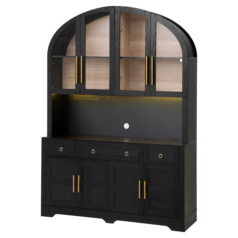 Arched Kitchen Pantry Cabinet with LED Lights & Charging Station, 55" Farmhouse Hutch Storage Cabinet with Glass Doors, Drawers, Adjustable Shelves & Barn Doors for Kitchen, Dining Room