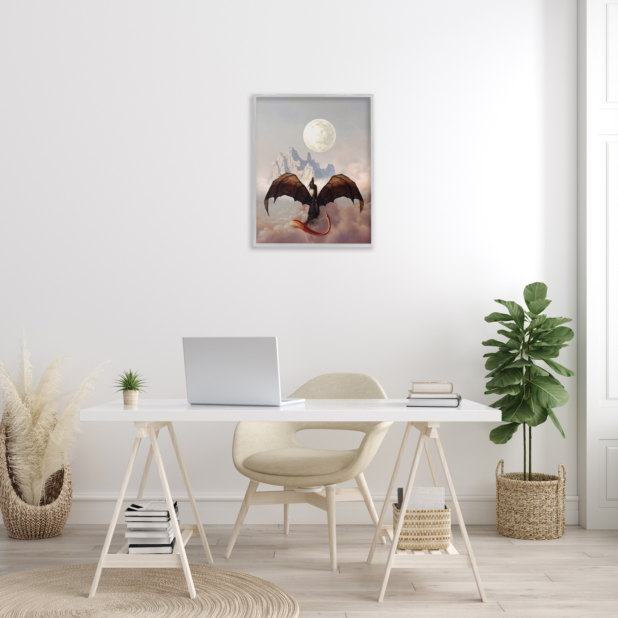 Stupell Industries Dragon & Full Moon Fairy Tales & Fantasy Painting Gray Framed Art Print Wall Art, 24 x 30