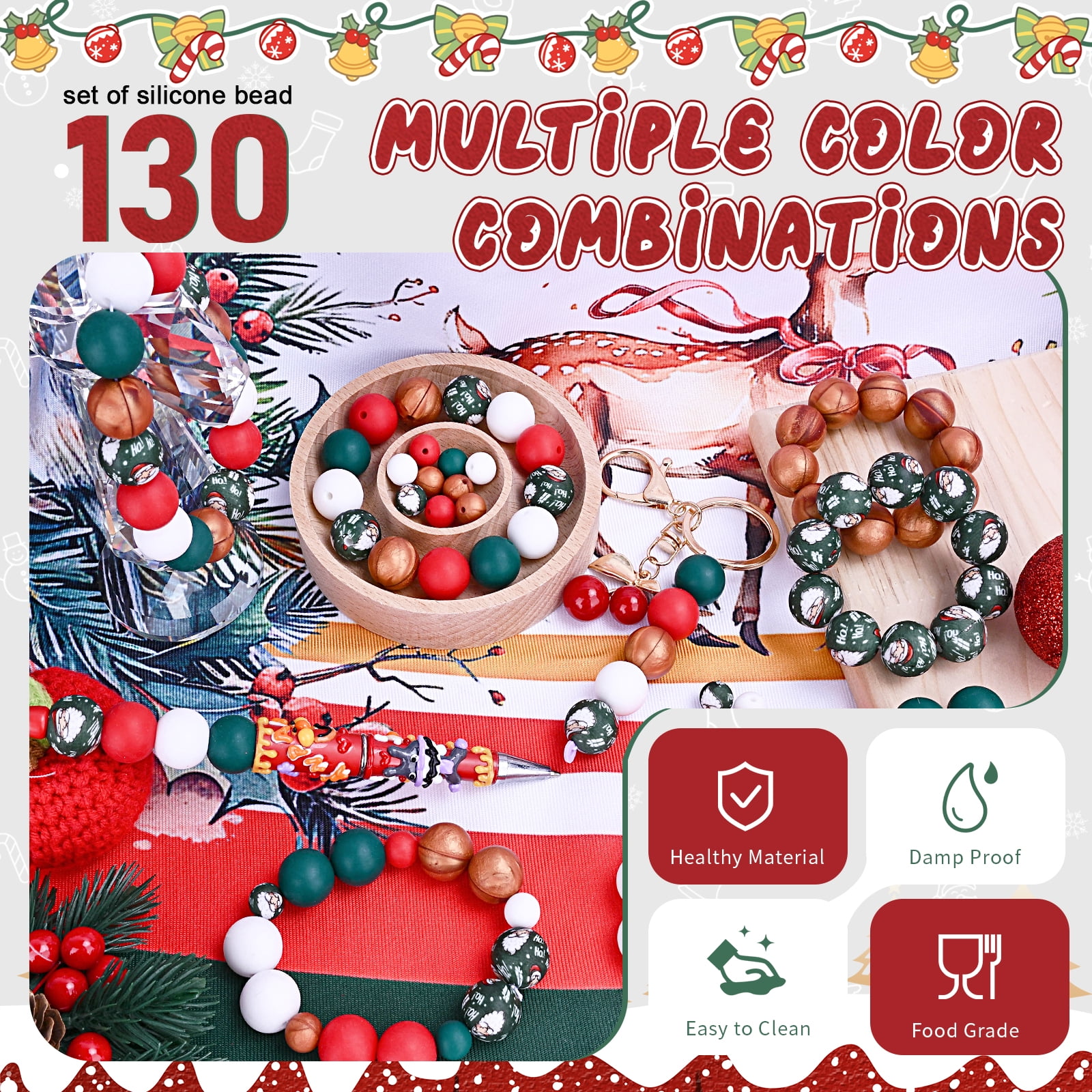 120pcs+ Silicone Beads, Bulk Mixed Colors 15mm & 9mm Round Rubber Beads for Keychain Making, Bracelet Necklace DIY, Craft Christmas Jewelry Supplies
