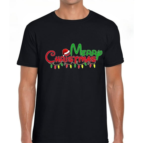 Men's Black T-Shirt Graphic Tees "Merry Christmas" Light String Holiday Design Shirts S-5XL Casual Daily Tops