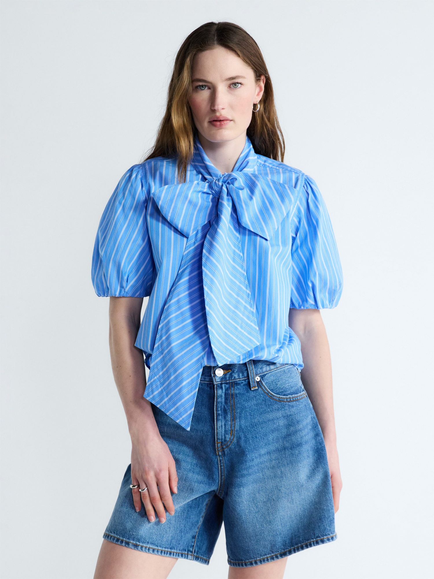 Free Assembly Women's Cotton Bow Blouse with Short Puff Sleeves, Sizes XS-XXL