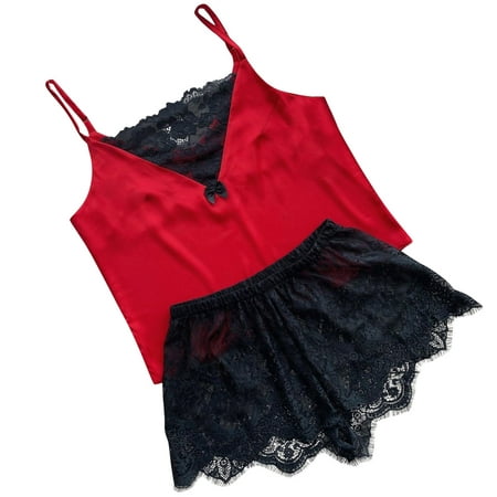 

DNDKILG Women s Lingerie Pajama Set 2 Piece Casual Cami and Shorts Sleepwear Soft Nighty Red M