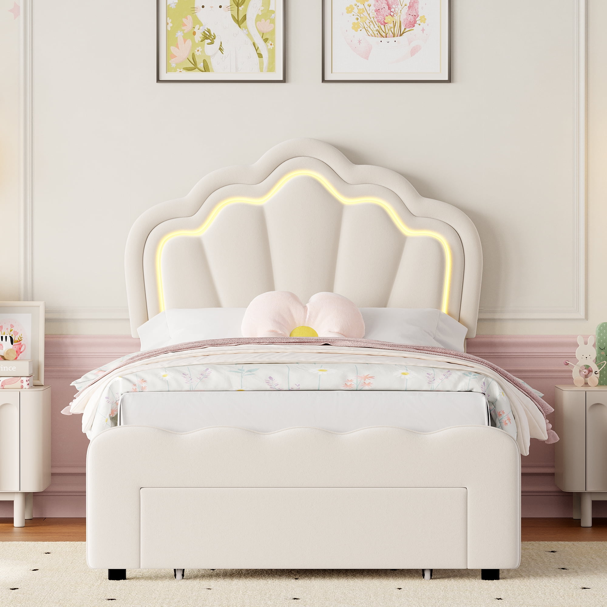 Homfa Twin Size LED Bed Frame with Storage Drawers, Velvet Upholstered Platform Bed with Adjustable Petal Headboard, RGB LED Lights Bed for Bedroom, Beige