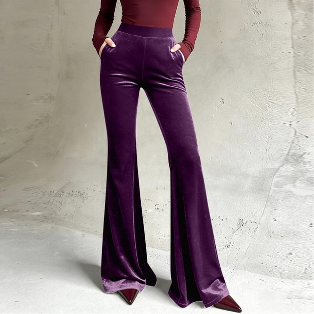 Pincandy Women's Solid Color Velour Pants - Elastic Waist, Loose Flared Wide Leg Fit with Pockets, Comfortable for Loungewear & Casual Activities