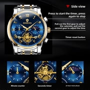 Mens Business Quartz Watch, Blue Dial Gold Tone, Stainless Steel Band, Waterproof Chronograph Wristwatch with Date