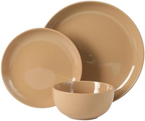 Rockaway 12 Piece Plates and Bowls Matte Outside/Shiny Inside Glaze Service for 4 Dinnerware Set - Assorted Color (Cream, Blue, Beige, Brown) - Dishwasher and Microwave Safe