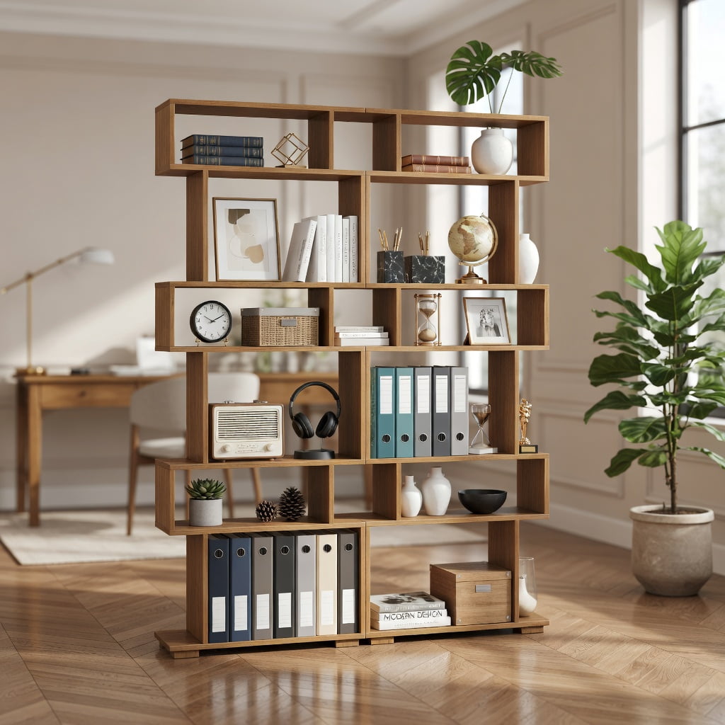 GVN 6-Tier Geometric Open Bookshelf Stylish Modern Display Bookcase with 2 Anti-Tipping Kits Stable Structure for Home Office Study Living Room Storage Furniture, Natural