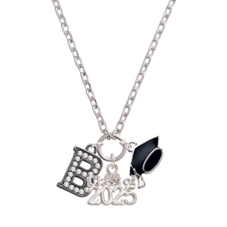 Delight Jewelry Black Nickeltone Crystal Initial - B - Beaded Border - Silver-tone Class of 2025 Graduation Zoey Necklace, 28"