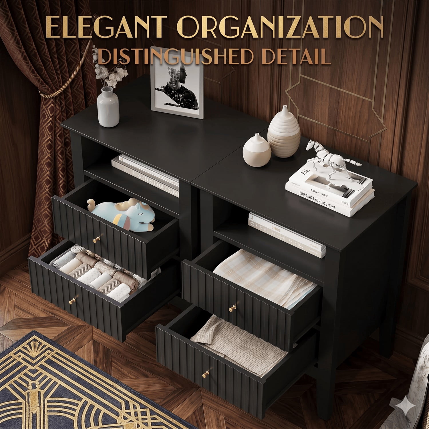 Hommoo 18" Wooden Fluted Nightstand Set of 2, with 2 Drawers & Open Shelf, Modern Bedroom Sofa Side Table, Black