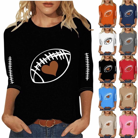 Sexlip Football Shirts for Women Plus Size Graphic Print Pullover Shirts Casual 3/4 Length Sleeve Crewneck Fall Fashion Tops Beige L