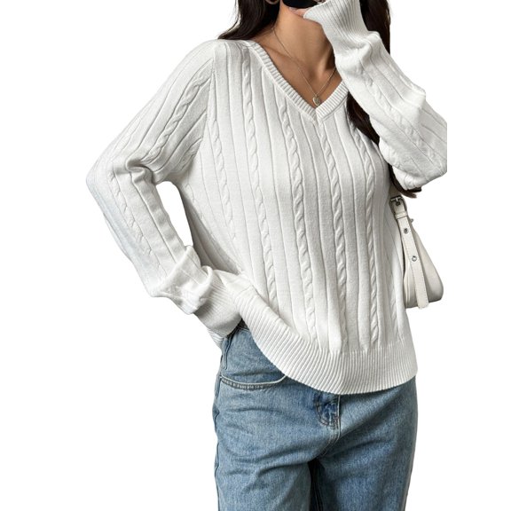 Women Long Sleeve Cable Knit Sweater Fashion V Neck Fitted Pullover Top Business Casual Fall Outfits White S