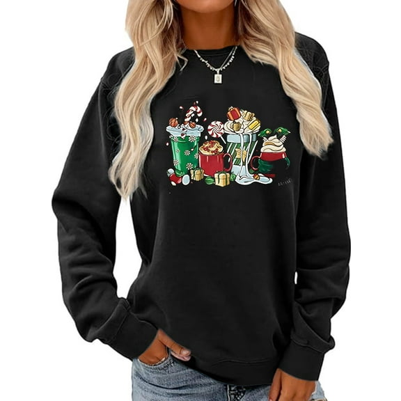 Women Christmas Sweatshirt Christmas Gift Graphic Shirt Casual Loose Long Sleeve Black Top