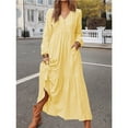 thumbnail image 4 of Women'S Boho Cotton Maxi Dress V-Neck Long Sleeve Flowy Beach Dress with Pockets and Buttons Light Yellow M, 4 of 9