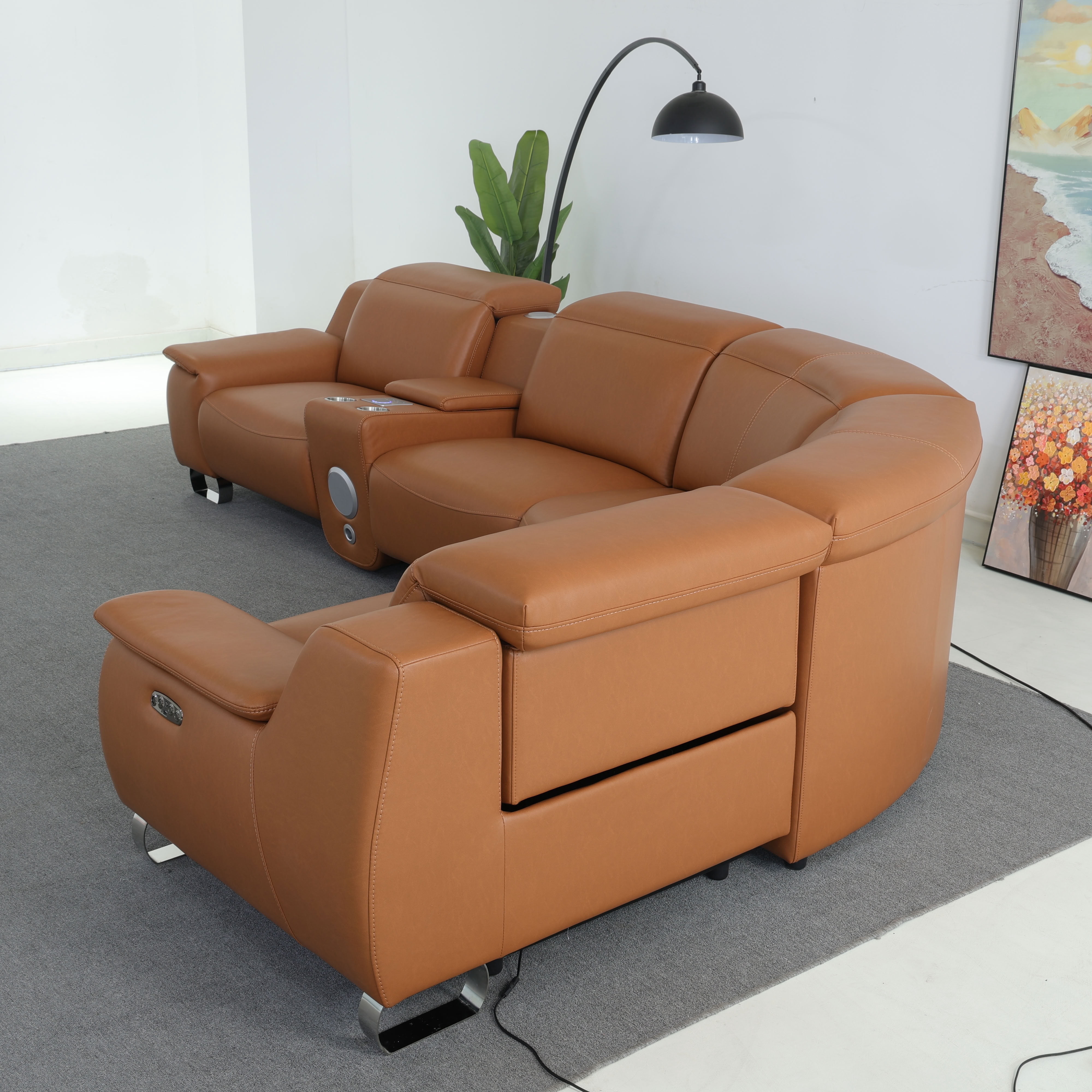 MAYEERTY Oversized Power Recliner Sectional Sofa, L-Shape Corner Couch with Wireless Charging, Bluetooth Speaker, USB Port & Cup Holders, for Living Room, Home Theater, Orange Yellow