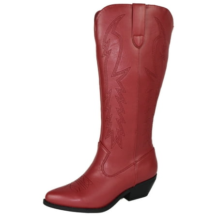 

Soda Women Cowgirl Cowboy Western Stitched Boots Pointy Toe Knee High Red 7.5