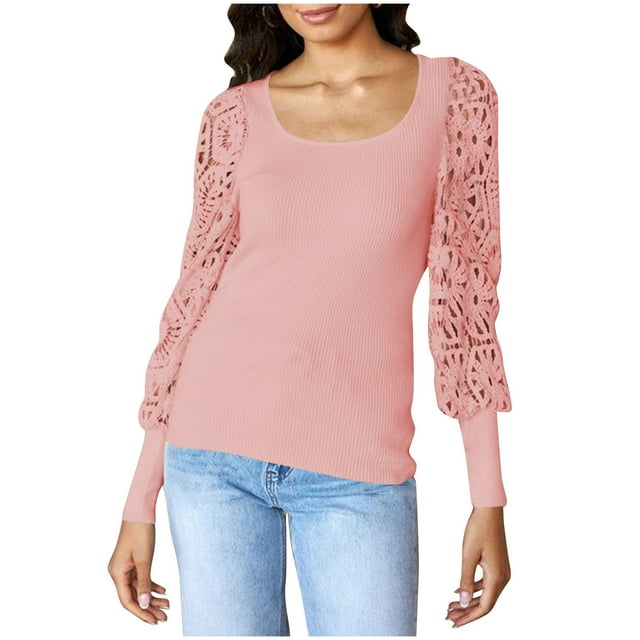 FAIWAD Womens Tops Lace Square Neck Patchwork Lantern Long Sleeve Tops Solid Color Ribbed Casual Loose Tops