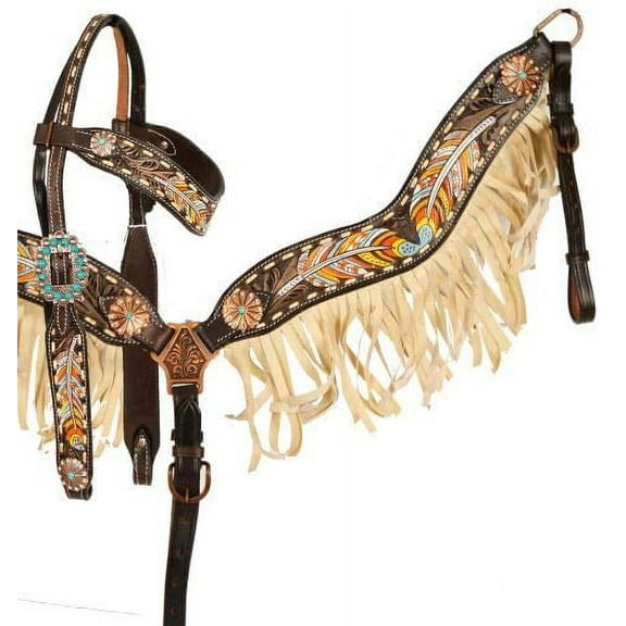 Showman Leather Headstall & Breast Collar Set w/ Painted Feathers &  Fringe