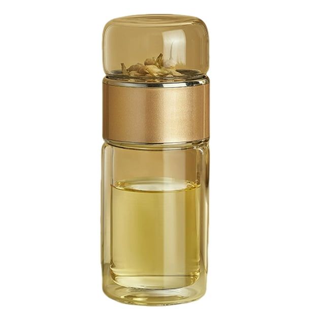 Inteprter Taza de té con filtro de vidrio de doble pared, filtro de vidrio incorporado único separado aislado y a prueba de fugas Teteras champán dorado 280 ml