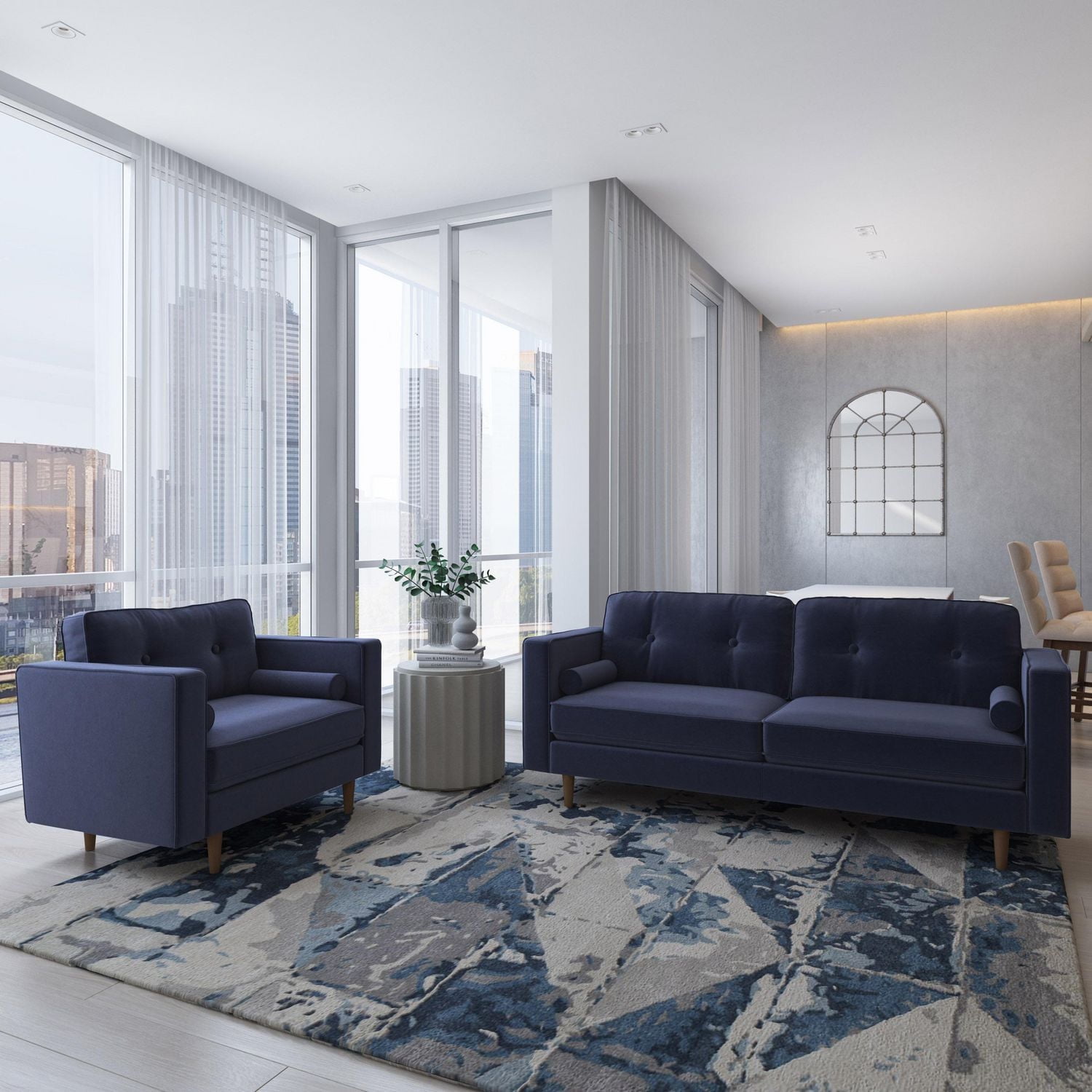 Ensemble de salon CorLiving Mulberry 2 pièces, style Mid-Century moderne, avec canapé et fauteuil, bleu marine