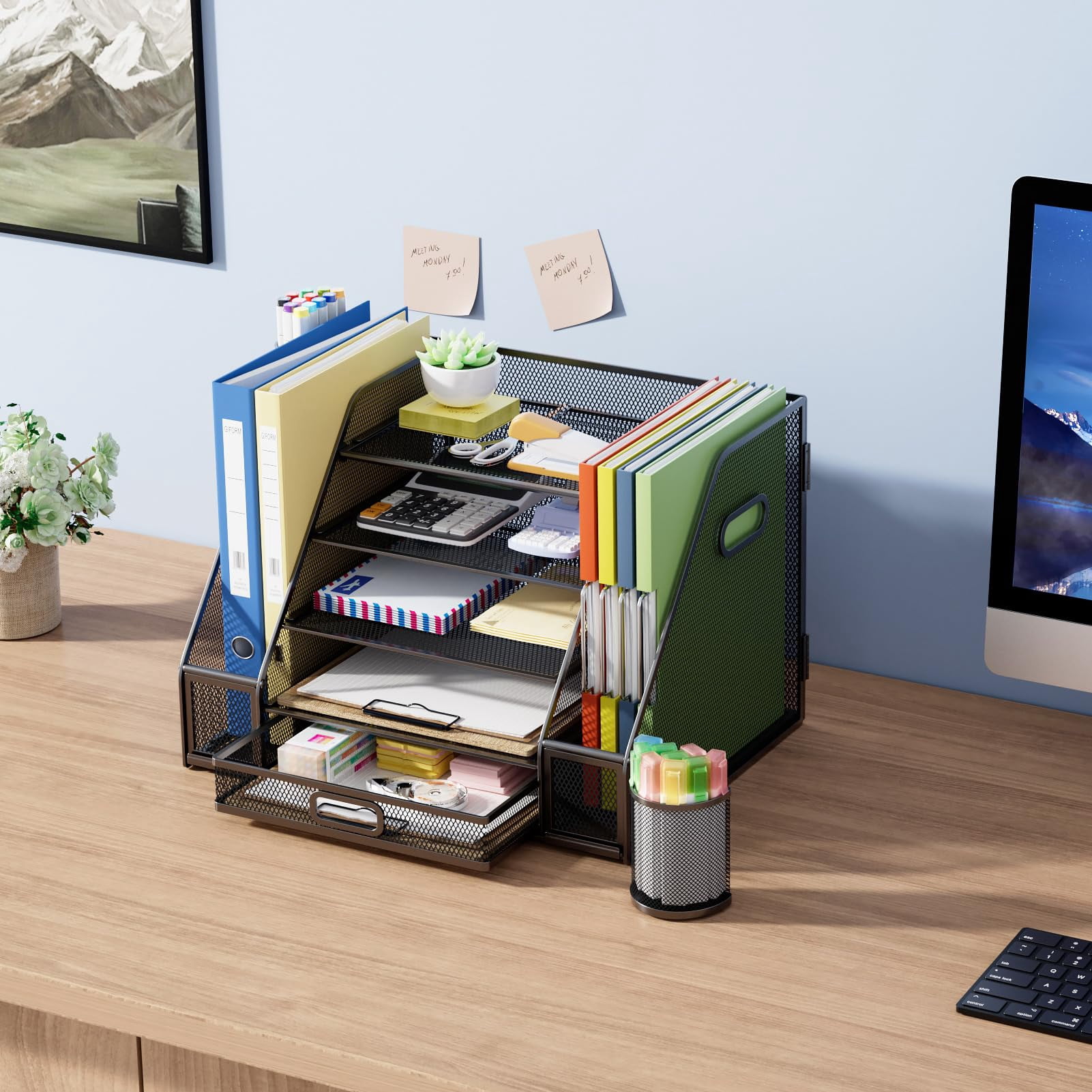 Marbrasse Desk Organizers with File Holder, 5-Tier Paper Letter Tray Organizer with Handle, Extra Vertical File Sorter with Drawer and 2 Pen Holder