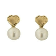18K Solid Yellow Gold Pearl and Satin Heart Screwback Earrings