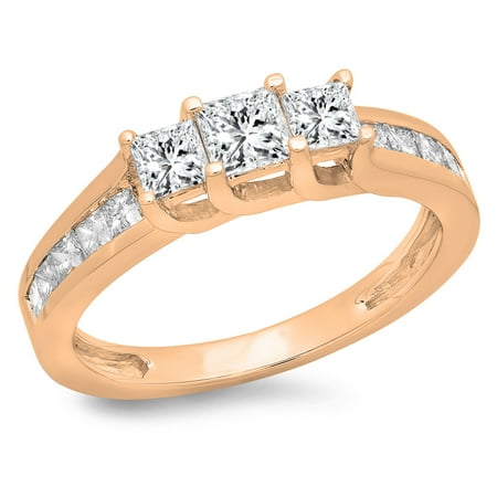 1.00 Carat (ctw) 10K Rose Gold Princess Cut Diamond Ladies Bridal 3 Stone Engagement Ring 1 CT