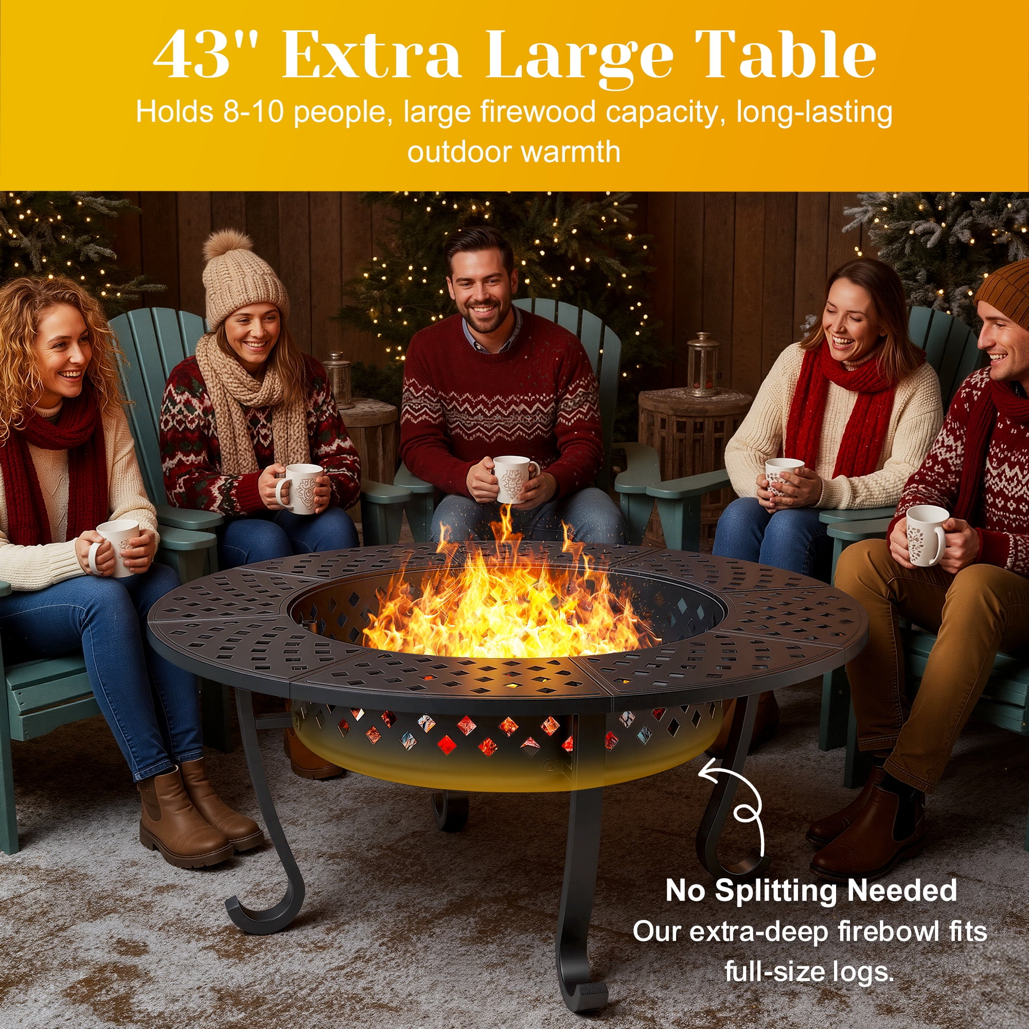 CozyHome 43'' Fire Pit with 2 Grills, Lid, and Fire Poker, Outdoor Wood Burning Fireplace, BBQs, Bonfire & Round Metal Table 3 in 1 for Patio, Picnic, Party, Black