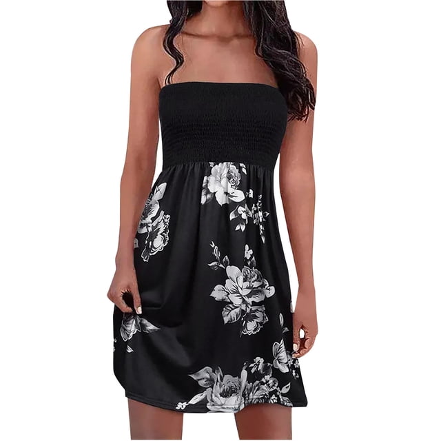 Pompotops Robe Sans Bretelles à Bande Élastique Style Bohème pour Femme Robes Robe Sans Manches à Imprimé Floral