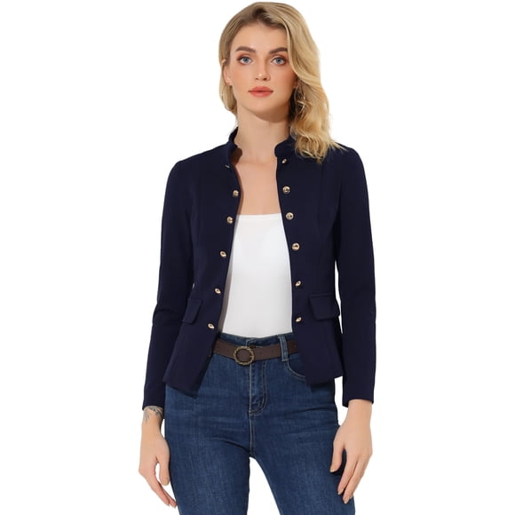 Chaqueta tipo blazer Allegra K informal con botones abiertos y cuello levantado Azul marino S