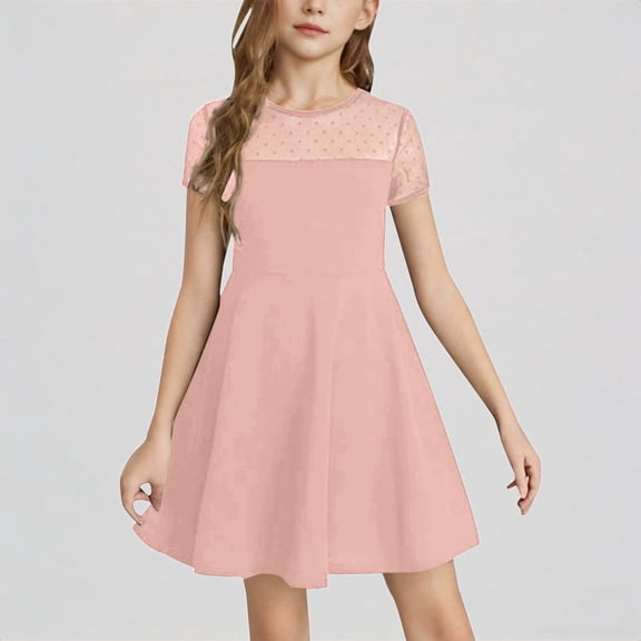 REDARER Girls' Fit & Flare Dress with Sheer Polka Dot Mesh Yoke & Short Sleeves Formal Party Dress,10-12 Years