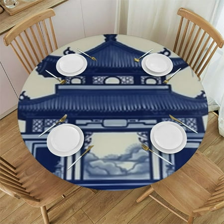 

BANET Pagoda Chinoiserie Asian Round Tablecloths Blue and White Table Cloth Waterproof Polyester Table Cover Festival Camping Picnic 46 -50