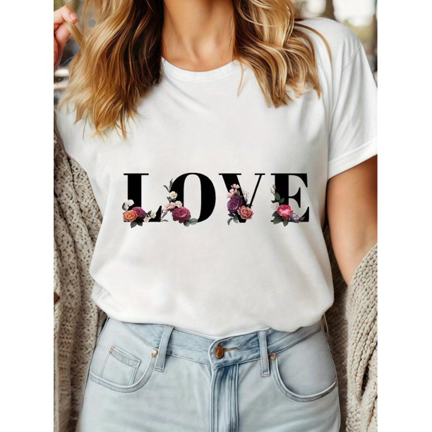 Women'S Black And White T-Shirt Printed with LOVE, Flowers, Romantic Style Pattern, Round Neck, Trendy New Spot, Short Sleeve, Birthday, Valentine'S Day Gift For Adult, Men, Women, Teen, Teenager, Ad