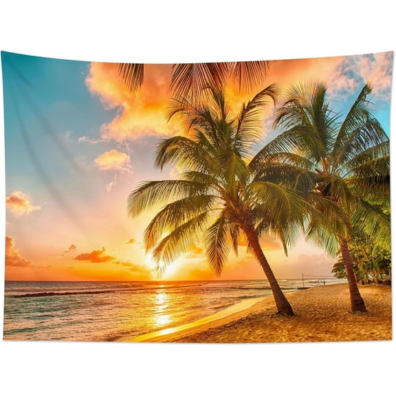 Beach Palm Tree Tapestry Wall Hanging, Nature Sunrise and Sunset Scence Tapestry, Ocean Coastal Landscape Tapestry for Living Room Bedroom Aesthetic Decor, 30L x 40W Inches