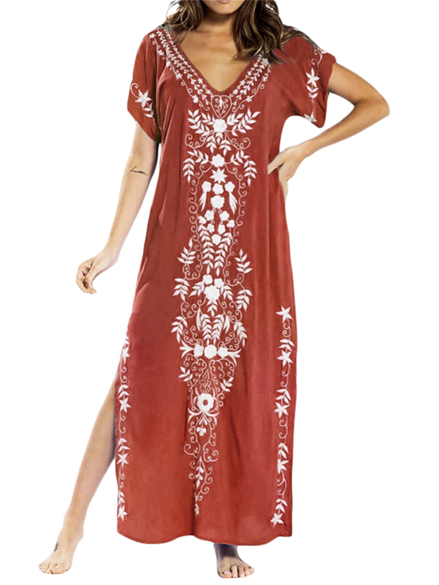 Women's Caftans Beach Dress V Neck Turkish Kaftan Short Sleeve Long