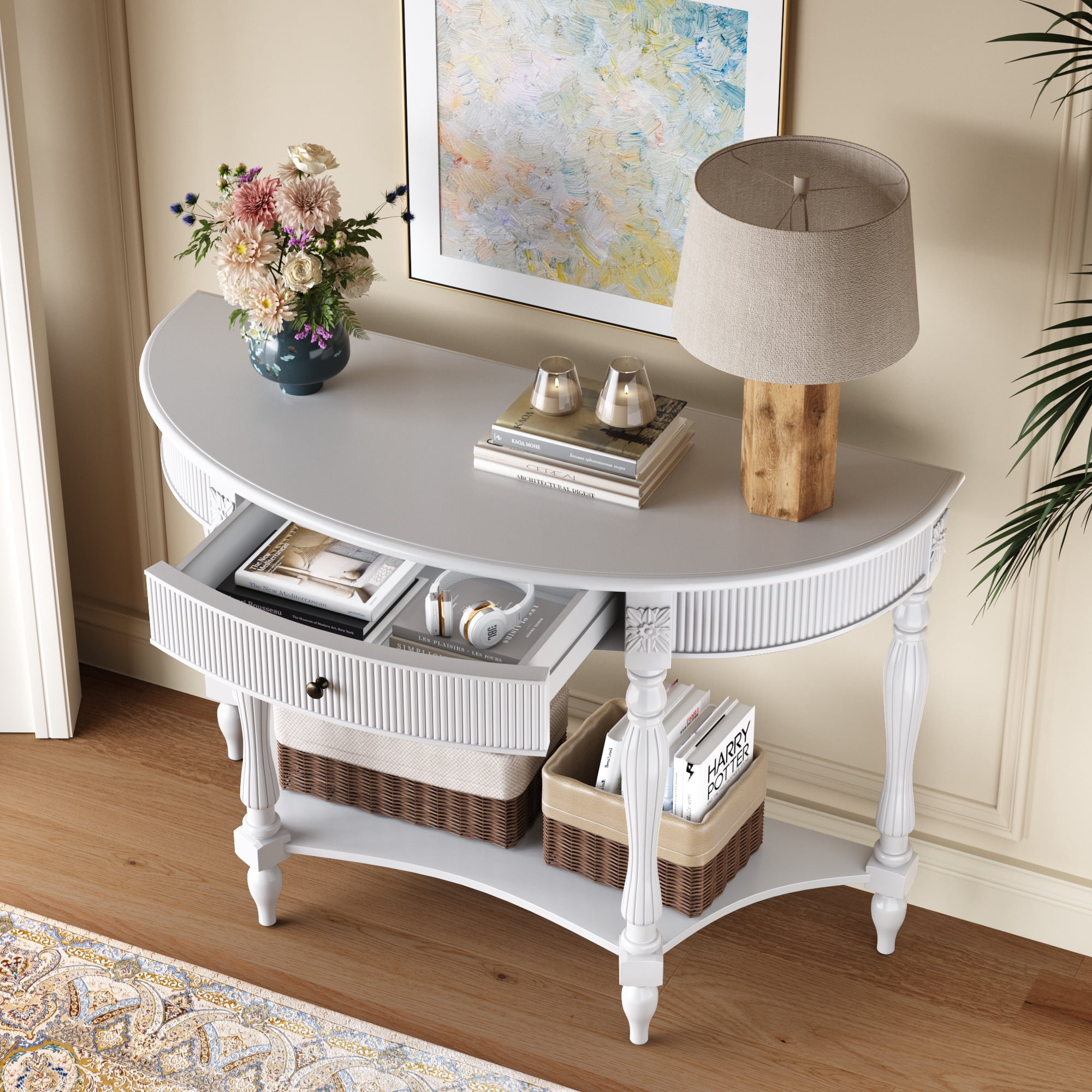 Solid Wood Half Moon Console Table with Drawer & Shelf, Fluted Vintage Curved Entryway Table for Hallway Living Room Foyer, Narrow Space Sofa Table with Roman Column Carved Legs, White