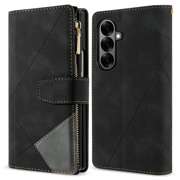 Dteck for Samsung Galaxy Z Fold 7 Wallet Case with 9 Card Slots Zipper Purse, Shockproof RFID Blocking PU Leather Strap Wristlet Flip Case with Magnetic Closure, Black